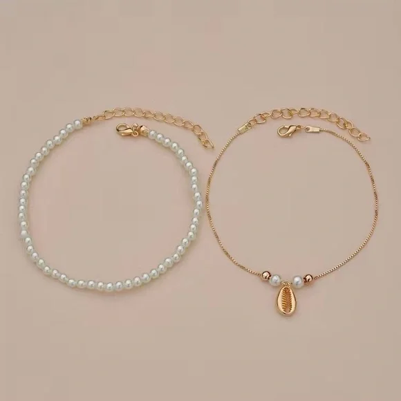 Dainty Faux Pearl Gold Toned Shell Anklet Set - Picture 4 of 5